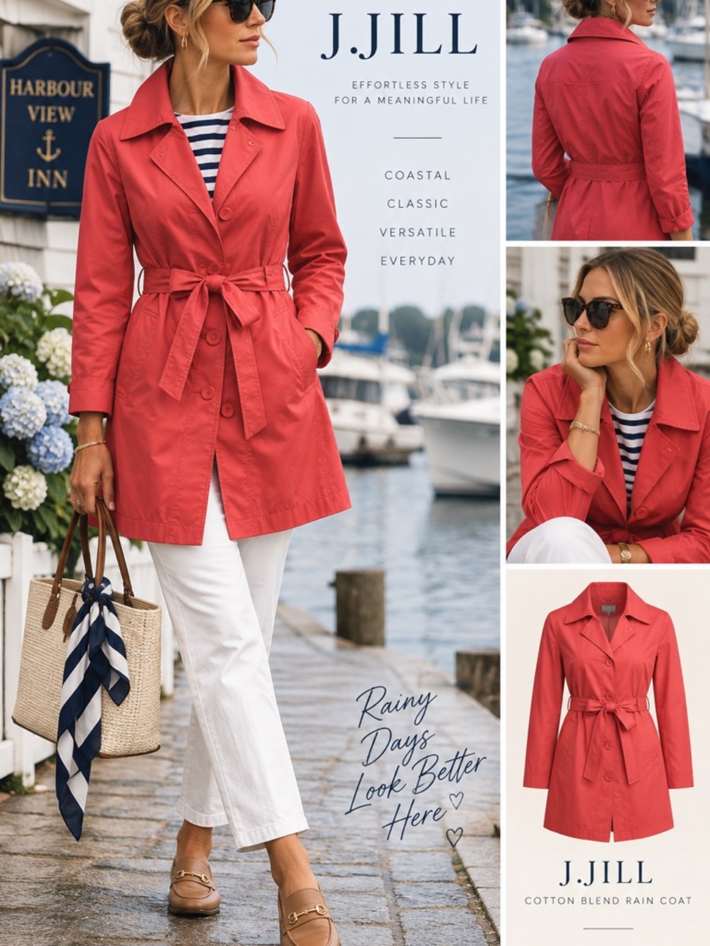 J.Jill Pink Belted Rain Coat Jacket Sz M Cotton Blend Trench Coastal Preppy